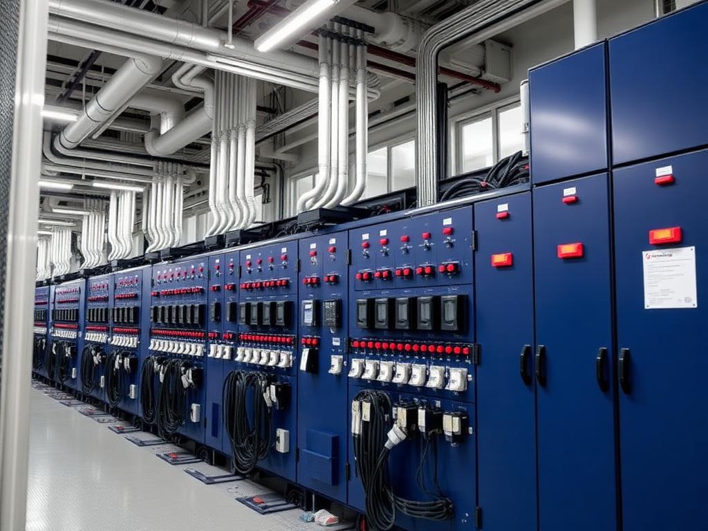 Sala de tableros eléctricos industriales con cableado organizado.